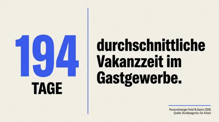 Statistik 194 Tage Vakanzzeit im deutschen Gastgewerbe 2026, Quelle Bundesagentur für Arbeit Mai 2025 bis April 2026