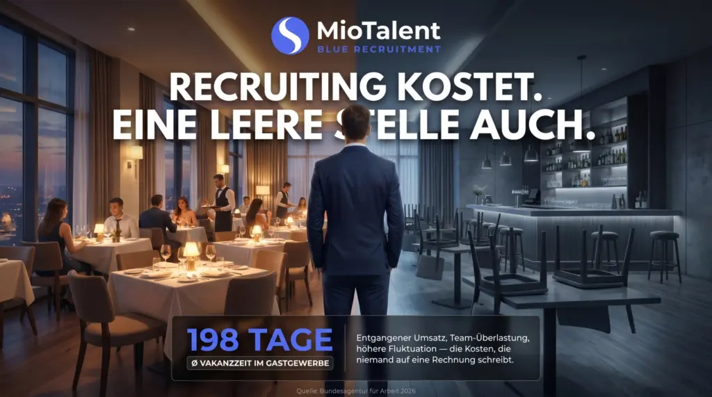 Die zwei Seiten der Recruiting-Kosten: sichtbares Vermittlungshonorar gegen die Cost of Vacancy von 198 Tagen durchschnittlicher Vakanzzeit im Gastgewerbe.