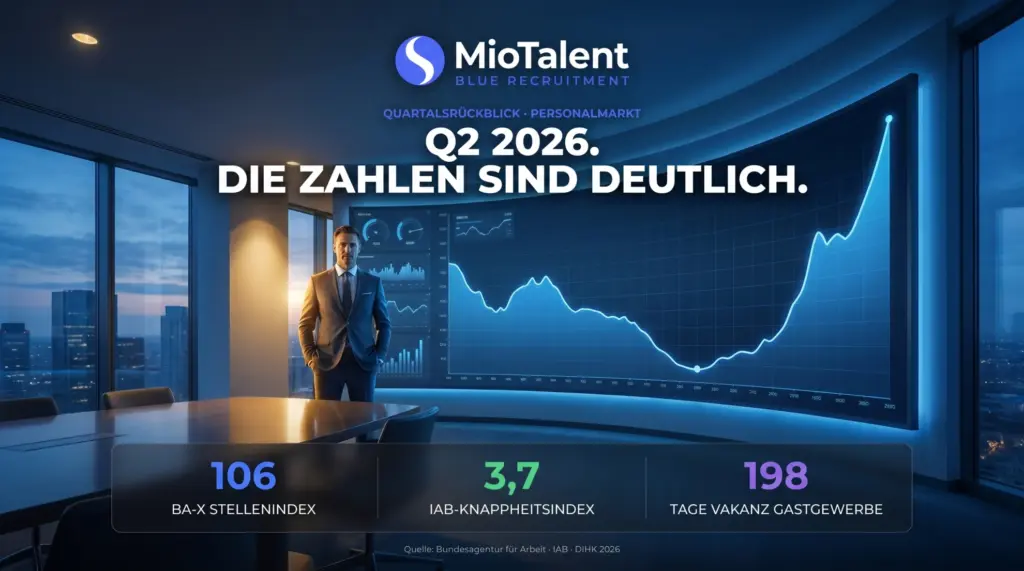 Recruiting 2026 im Q2-Rückblick: Datenwand mit Aufwärtstrend — BA-X Stellenindex 106, IAB-Knappheitsindex 3,7, 198 Tage Vakanzzeit im Gastgewerbe.