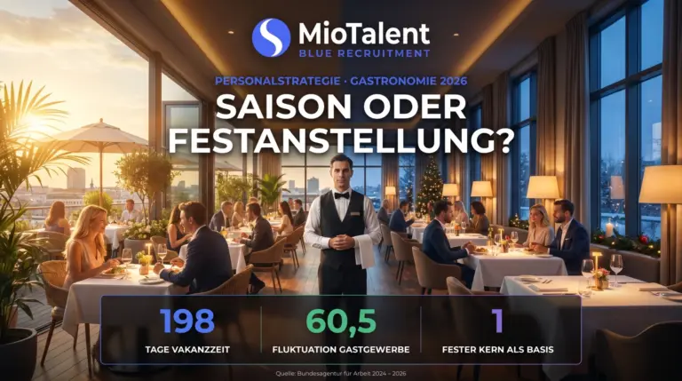 Saisonpersonal Gastronomie oder Festanstellung im Vergleich: dieselbe Servicekraft in Sommer- und Winterszene, 198 Tage Vakanzzeit, Fluktuationskoeffizient 60,5.
