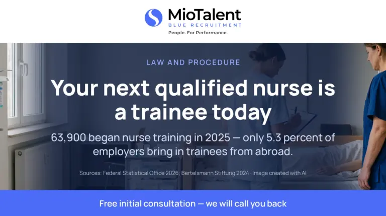 Dark editorial card: Your next qualified nurse is a trainee today. 63,900 began nurse training in 2025, only 5.3 percent of employers bring in trainees from abroad.