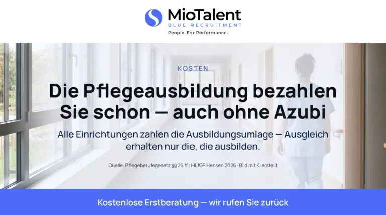 Helles Motiv mit der Aussage: Die Pflegeausbildung bezahlen Sie schon — auch ohne Azubi. Alle Einrichtungen zahlen die Ausbildungsumlage, Ausgleich erhalten nur die, die ausbilden.