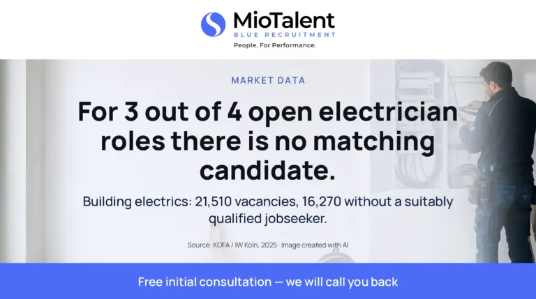 Electrician working on a switch cabinet; image text: For 3 out of 4 open electrician roles there is no matching candidate.