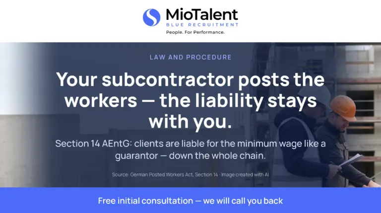 Two men with hard hats and documents on a construction site; image text: Your subcontractor posts the workers — the liability stays with you.