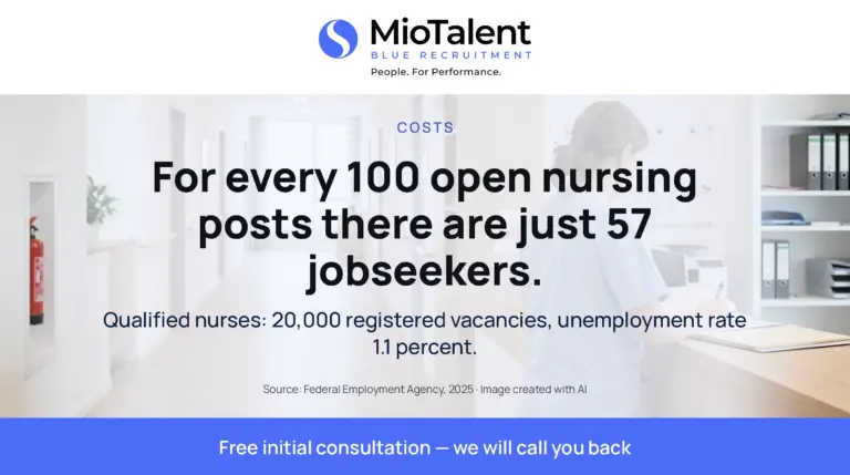 Nurse taking notes in a ward office; image text: For every 100 open nursing posts there are just 57 jobseekers.