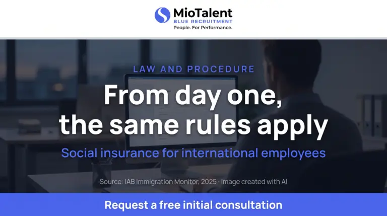 MioTalent infographic: social insurance for international employees applies from day one; dark office background in brand blue.