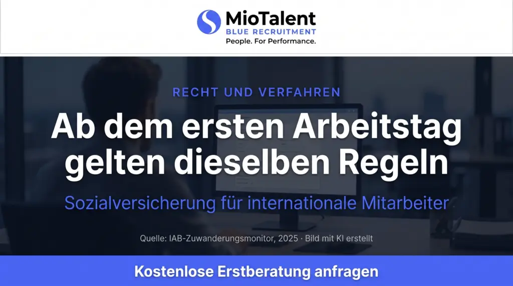 MioTalent Infografik: Sozialversicherung für internationale Mitarbeiter gilt ab dem ersten Arbeitstag; dunkler Bürohintergrund im Marken-Blau.