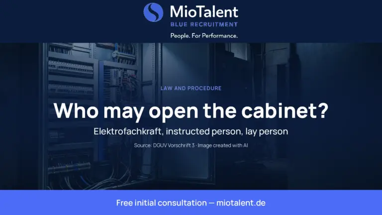 Open switch cabinet in low light with a test instrument connected; image line: who may open the cabinet