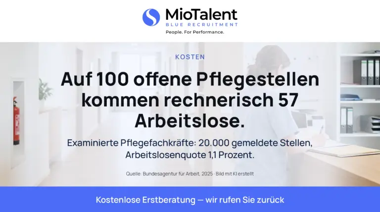 Pflegefachkraft macht Notizen im Stationszimmer; Bildtext: Auf 100 offene Pflegestellen kommen rechnerisch 57 Arbeitslose.