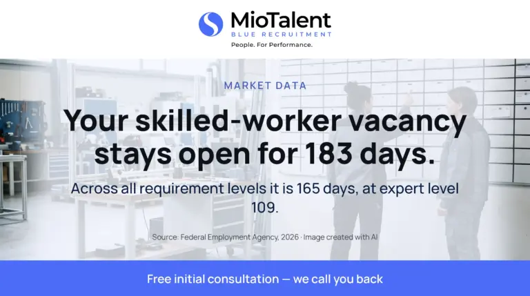 Bright workshop with a shift planning board, two workers in front of it, an unstaffed workbench in the foreground. Image text: Your skilled-worker vacancy stays open for 183 days.