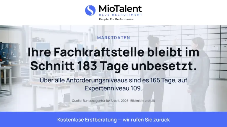 Helle Werkhalle mit Schichtplantafel, zwei Mitarbeiter davor, im Vordergrund ein unbesetzter Arbeitsplatz. Bildtext: Ihre Fachkraftstelle bleibt im Schnitt 183 Tage unbesetzt.