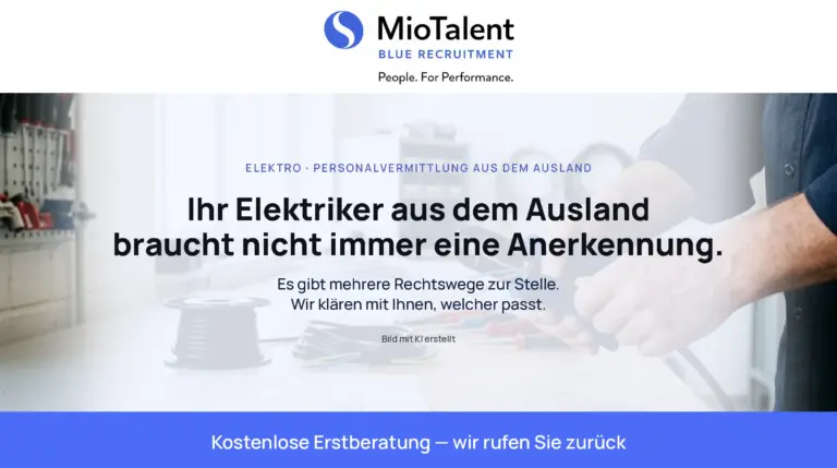 Hände isolieren in einer hellen Elektrowerkstatt ein Kabel ab, daneben eine Kabeltrommel. Text im Bild: Ihr Elektriker aus dem Ausland braucht nicht immer eine Anerkennung.