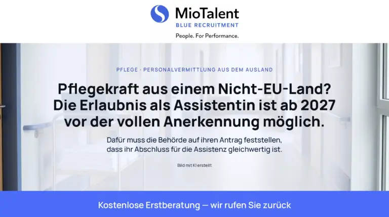 Heller Flur einer Pflegeeinrichtung mit Wäschewagen. Text: Ihre Pflegekraft aus einem Nicht-EU-Land kann ab 2027 Pflegefachassistentin sein, bevor ihr Abschluss voll anerkannt ist.